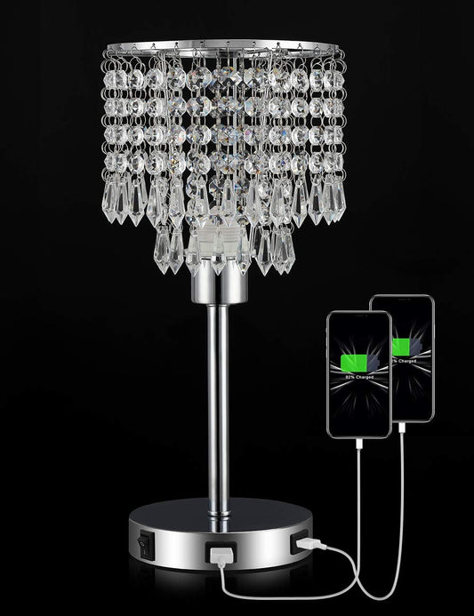 Silver Crystal Bedside Table Lamp with Dual USB Charging Port.