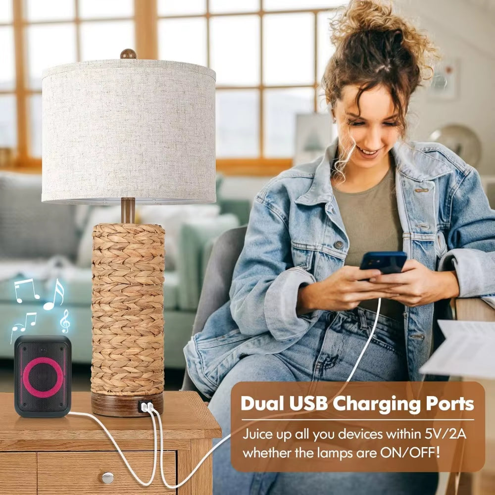 Set of 2 Rattan Table Lamps for Living Room with 2 USB Ports, 27In Tall Bedroom Lamp 