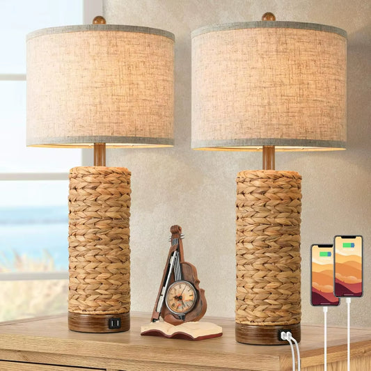 Set of 2 Rattan Table Lamps for Living Room with 2 USB Ports, 27In Tall Bedroom Lamp 