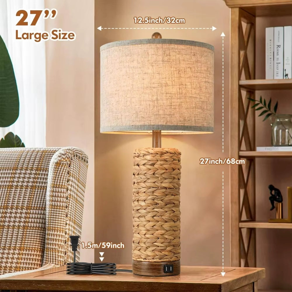 Set of 2 Rattan Table Lamps for Living Room with 2 USB Ports, 27In Tall Bedroom Lamp 