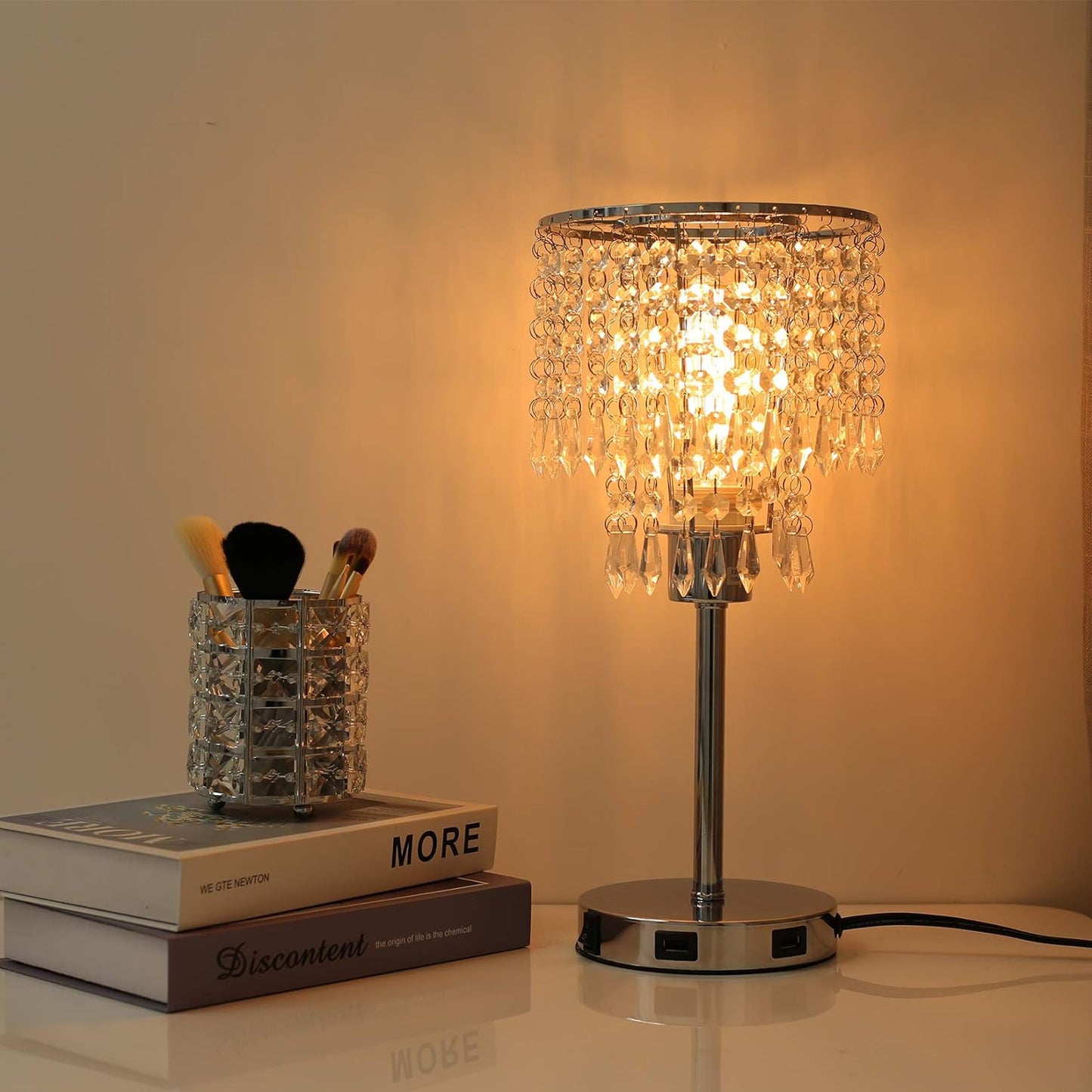 Silver Crystal Bedside Table Lamp with Dual USB Charging Port.