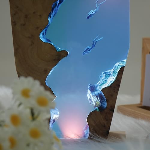 Diver's Night Light, Scuba Diving Deep Sea Exploration, Personalised Epoxy Wooden Light, Freediving, Unique Decor Gift