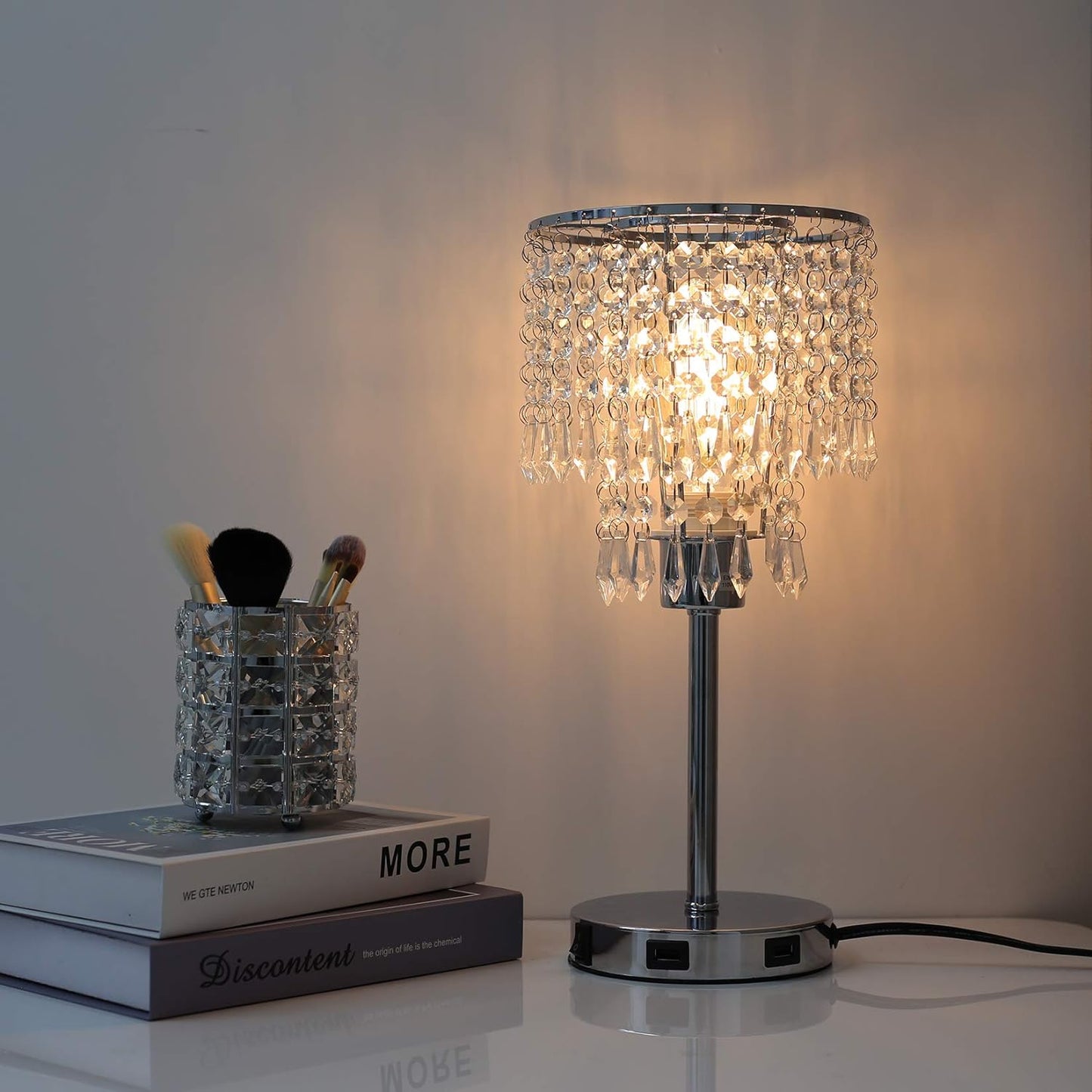 Silver Crystal Bedside Table Lamp with Dual USB Charging Port.