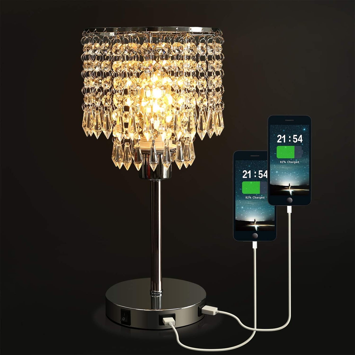 Silver Crystal Bedside Table Lamp with Dual USB Charging Port.