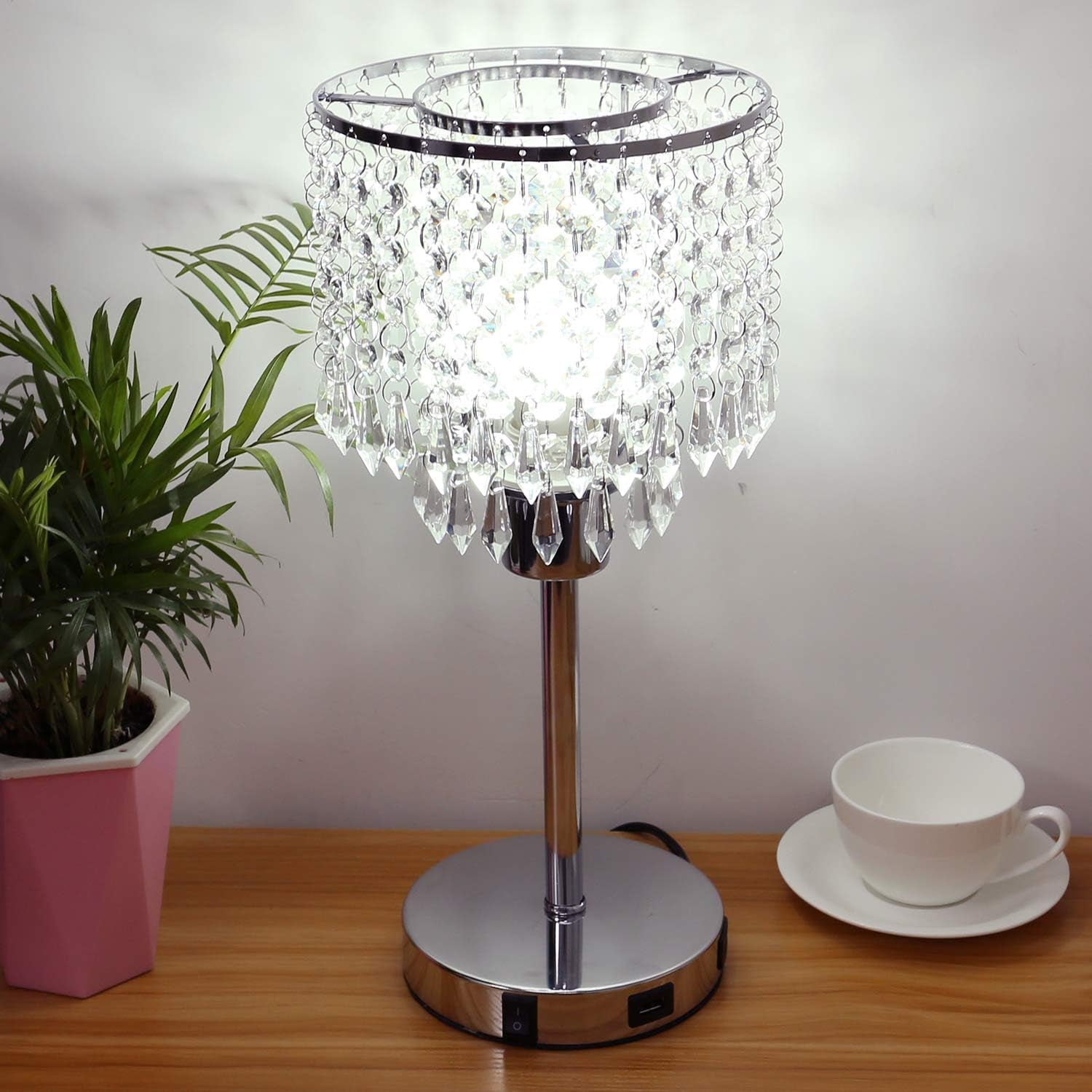 Silver Crystal Bedside Table Lamp with Dual USB Charging Port.